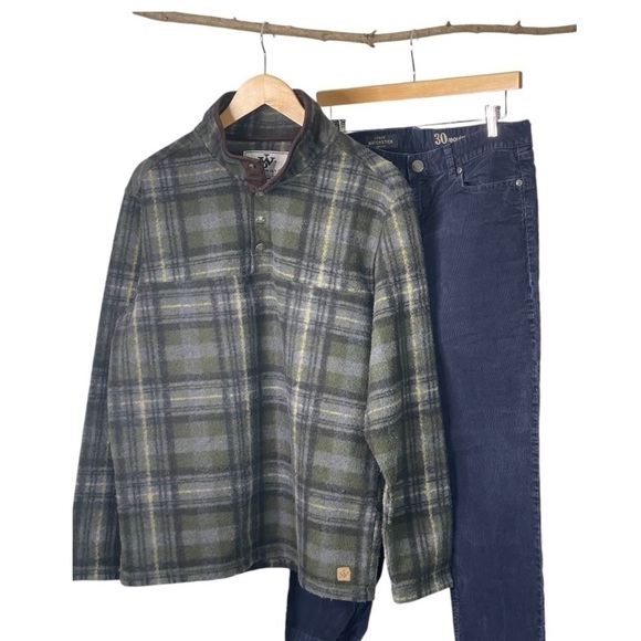 VINTAGE John Wayne green blue plaid fleece pop-over collared jacket M - Picture 1 of 6